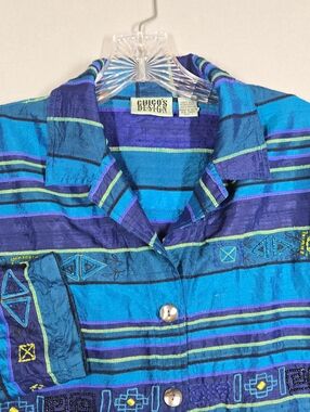 VTG Chico's Design Raw Silk Blouse Topper Size 1/Medium Teal & Purple Stripes